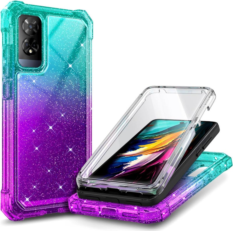 WDHD Compatible with TCL 50 XE 5G & TCL 50 XE NXTPAPER 5G Phone Case Glitter Aqua/Purple | Full-Body Protective Shockproof Rugged Bumper Cover with Screen Protector, Raised Corners Drop Protection - Image 1